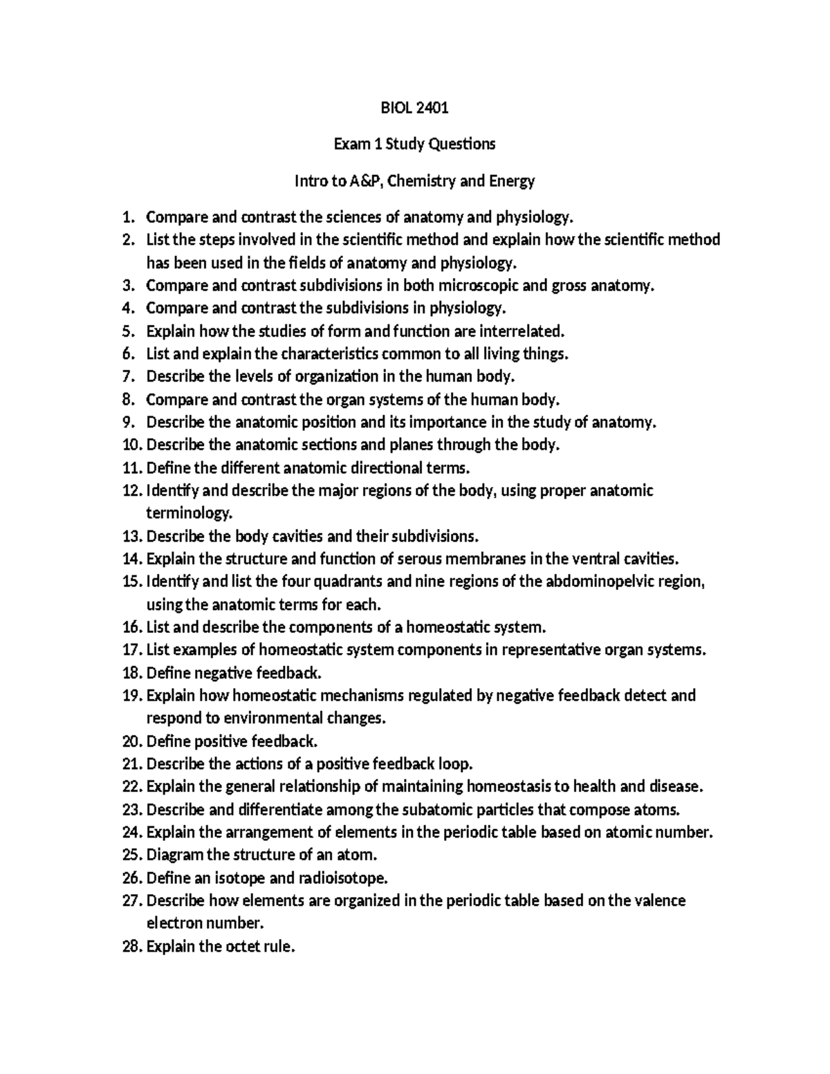 BIOL 2401 Exam 1 Study Guide: Intro to A&P, Chemistry & Energy - Studocu