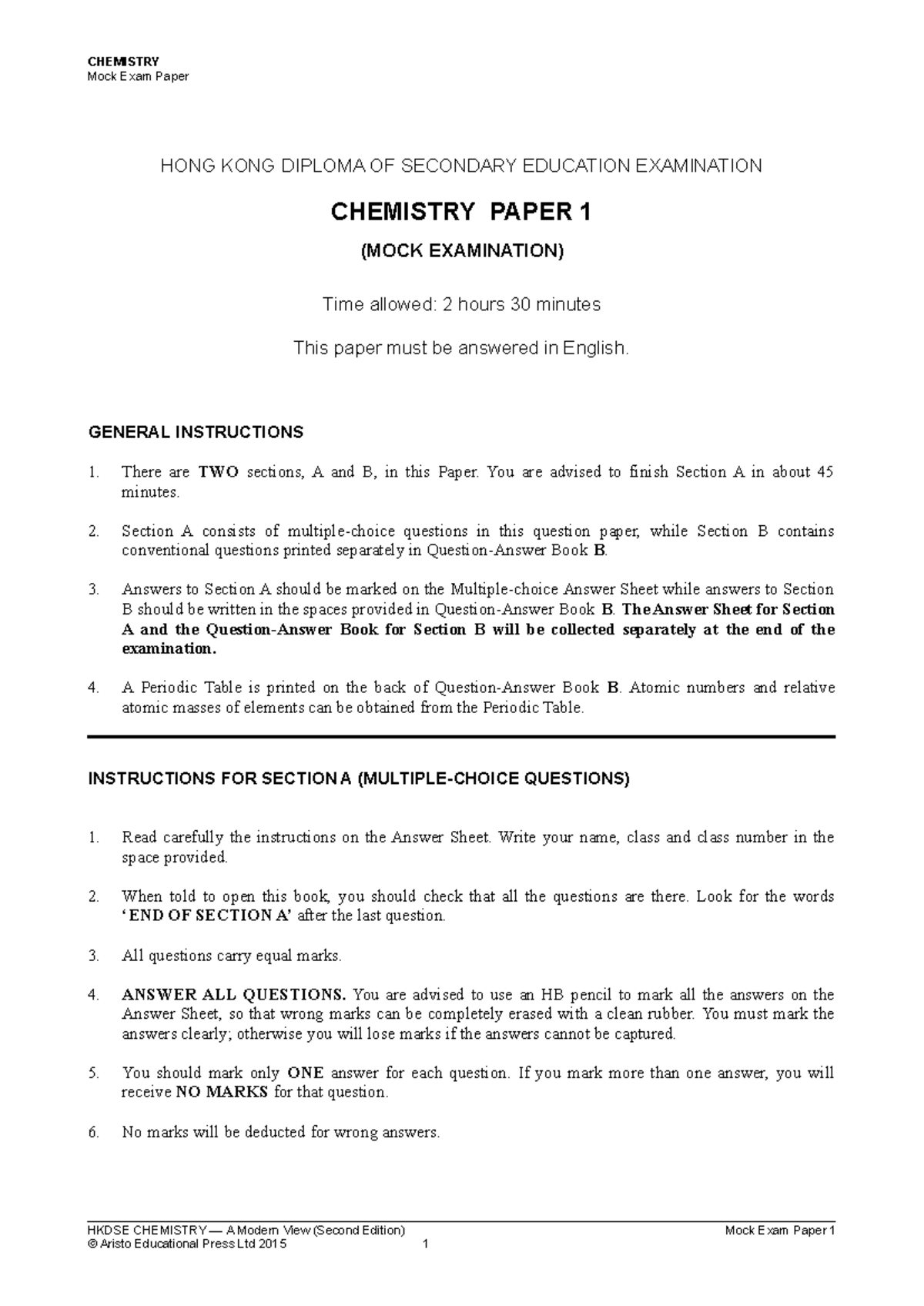 2CA S6 Mock Exam Paper 1 - Chemistry (2015) - Studocu