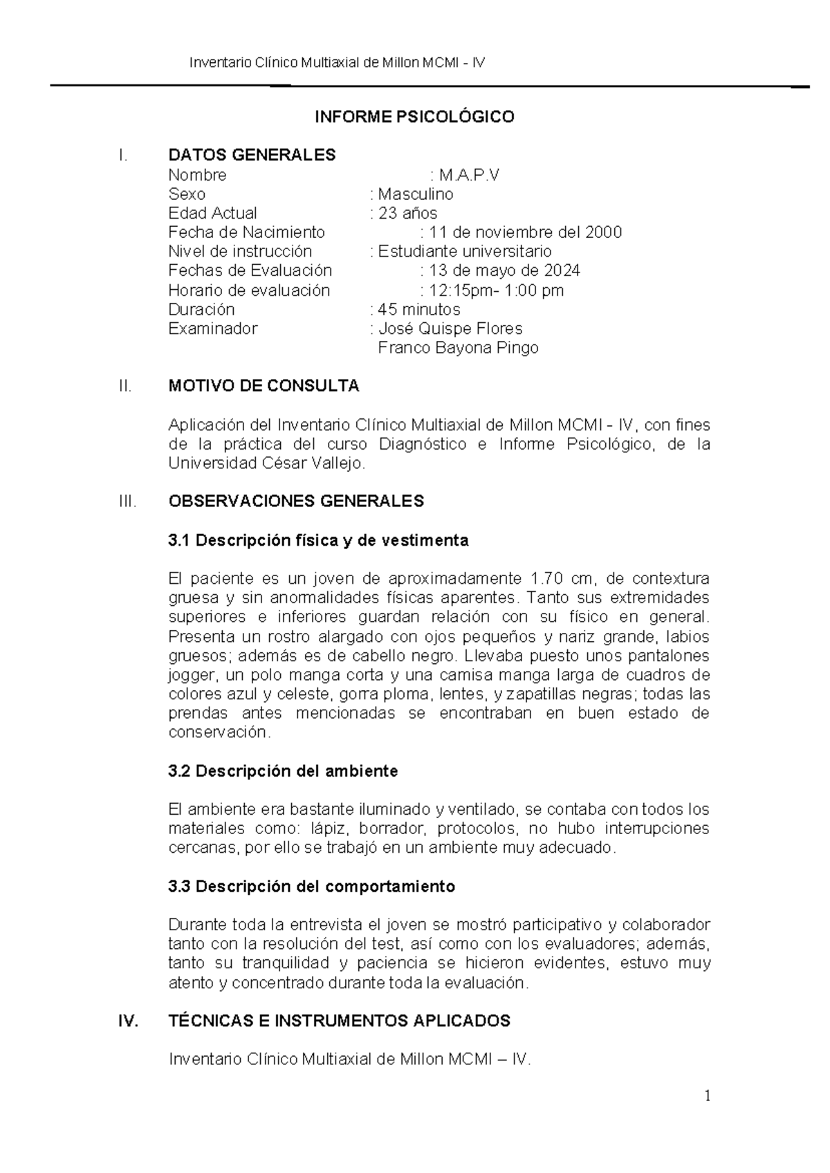 Informe Psicológico MCMI-IV - Estudio de Caso de M.A.P.V. - Document Preview