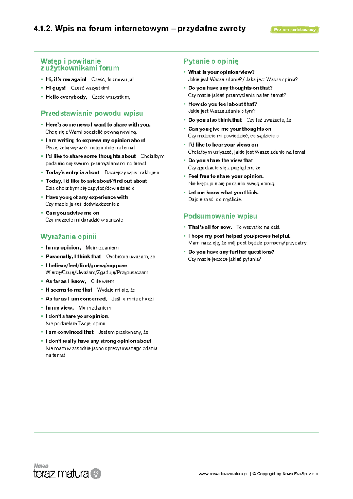 4.1.2. Przydatne zwroty do wpisów na forum internetowym - Studocu