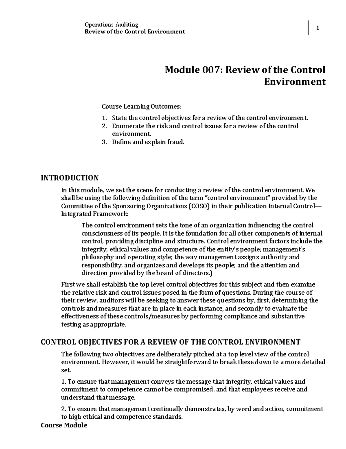 Module 007 Review of the Control Environment - Operations Auditing ...