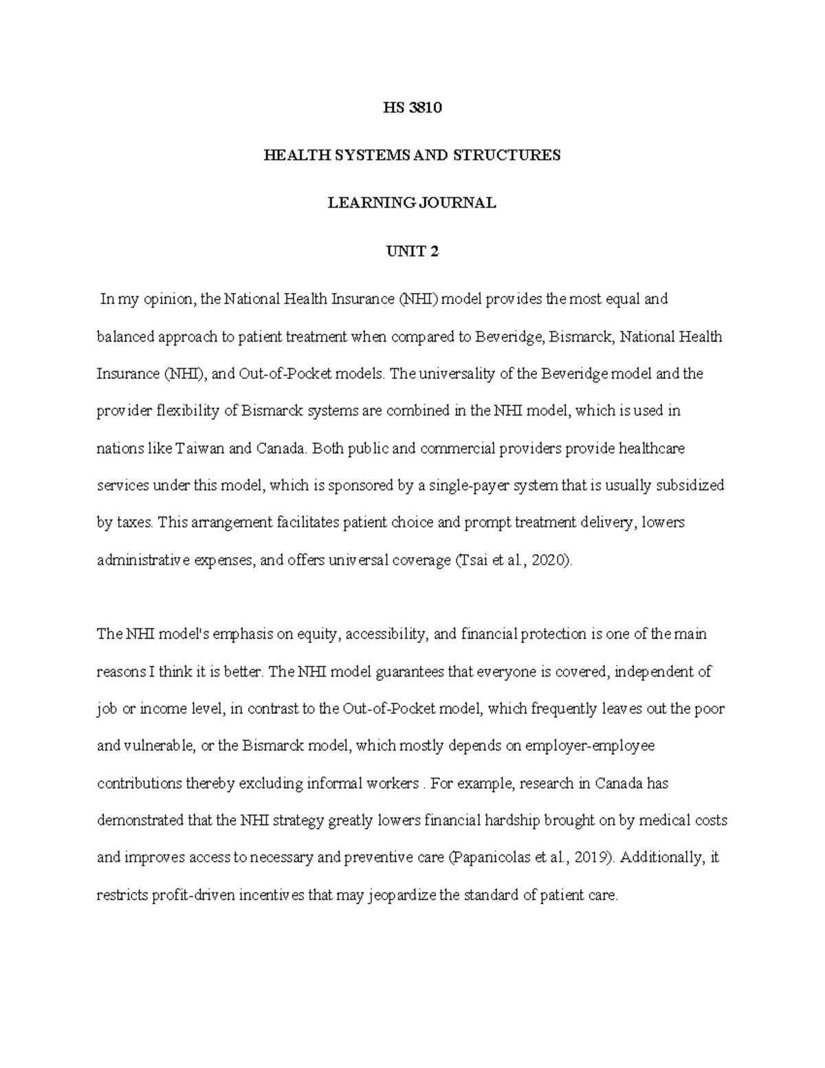 HS 3810 - Learning Journal 2: Evaluating the NHI Model in Health ...