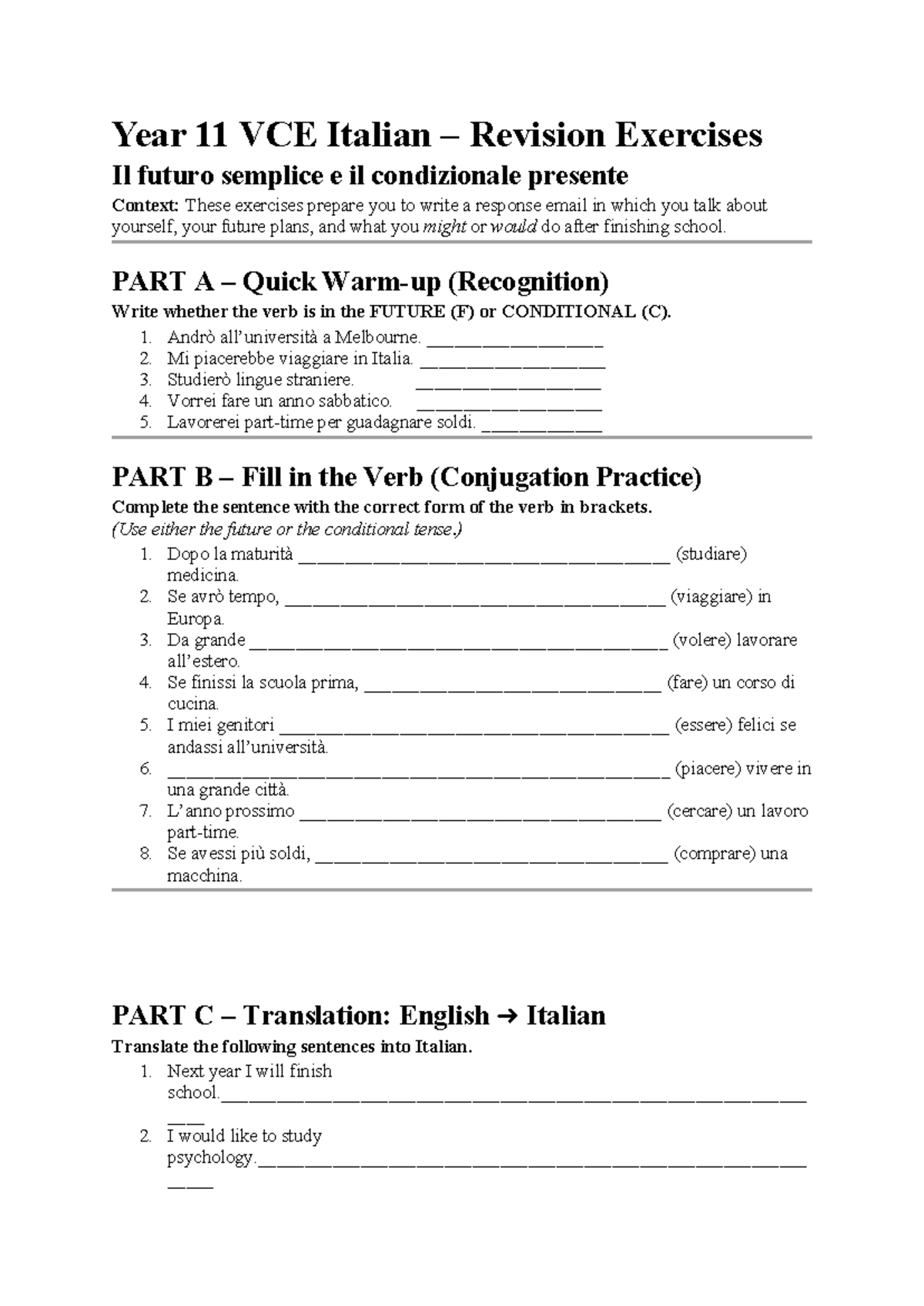Year 11 VCE Italian Revision: Conditional & Future Practice - Studocu