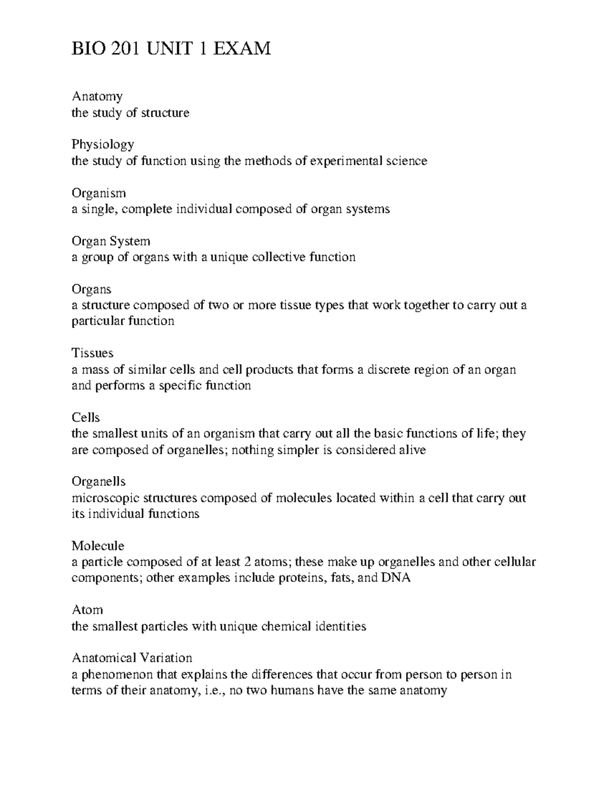 BIO 201 UNIT 1 EXAM Study Notes on Anatomy & Physiology Concepts - Studocu