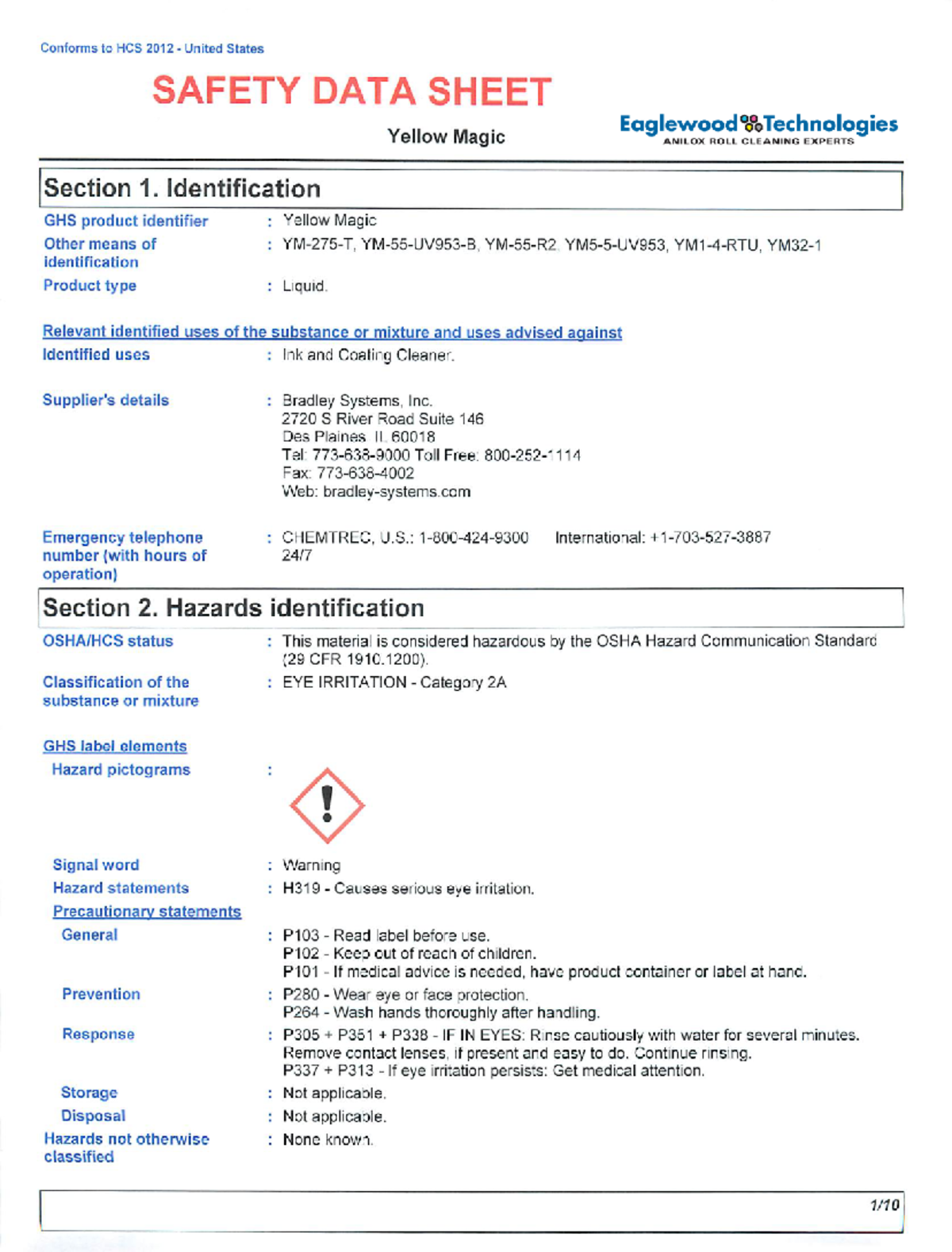 Yellow Magic MSDS - HCS 2012 Compliance for Anilox Roll Cleaner - Studocu