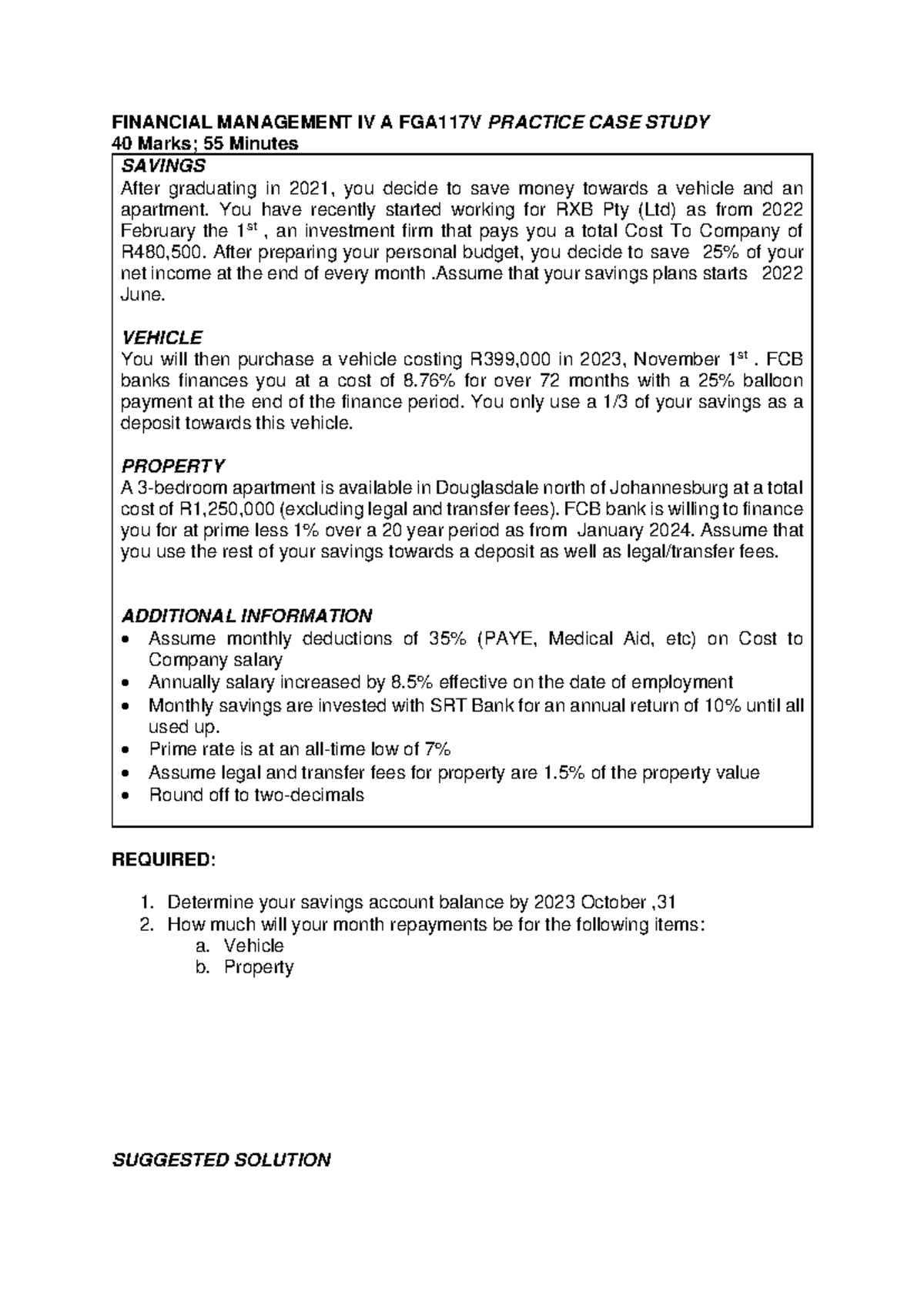 FGA117V Financial Management IV Practice Case Study on Savings - Studocu