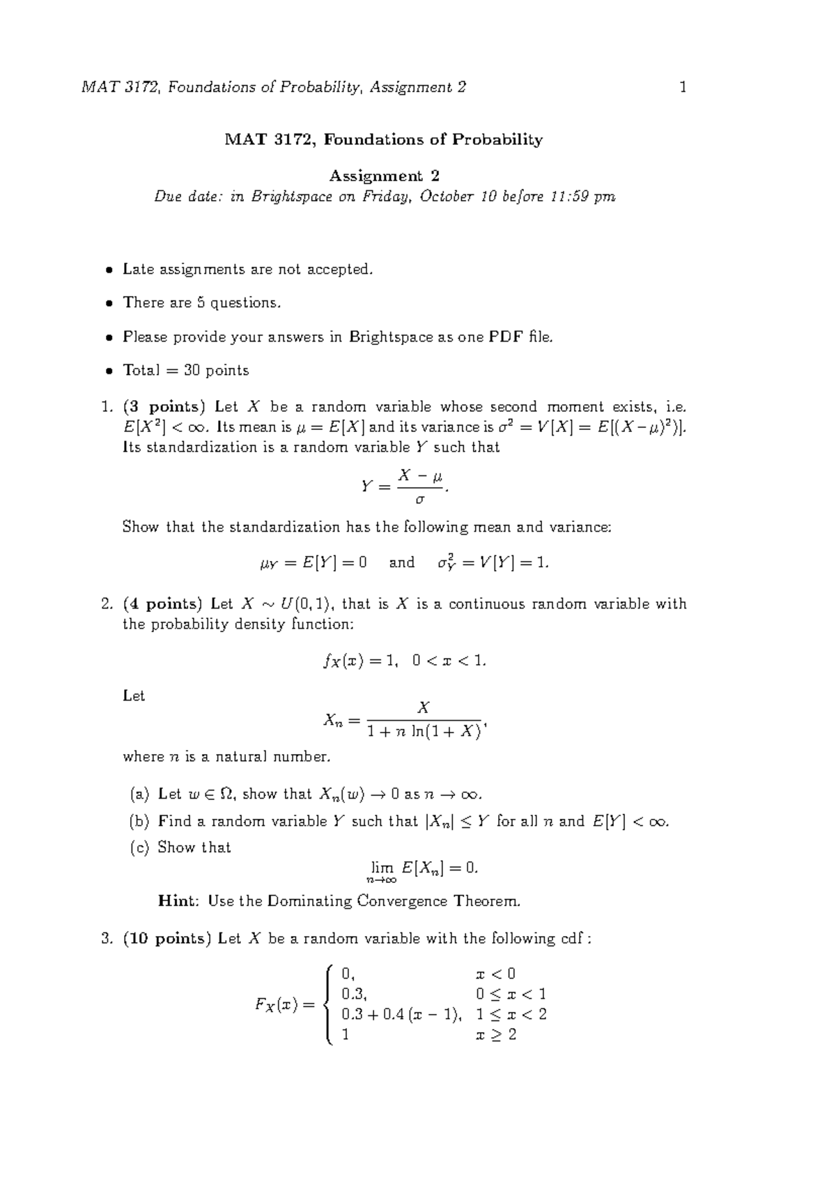 MAT 3172, Foundations of Probability, Assignment 2 Guide - Studocu