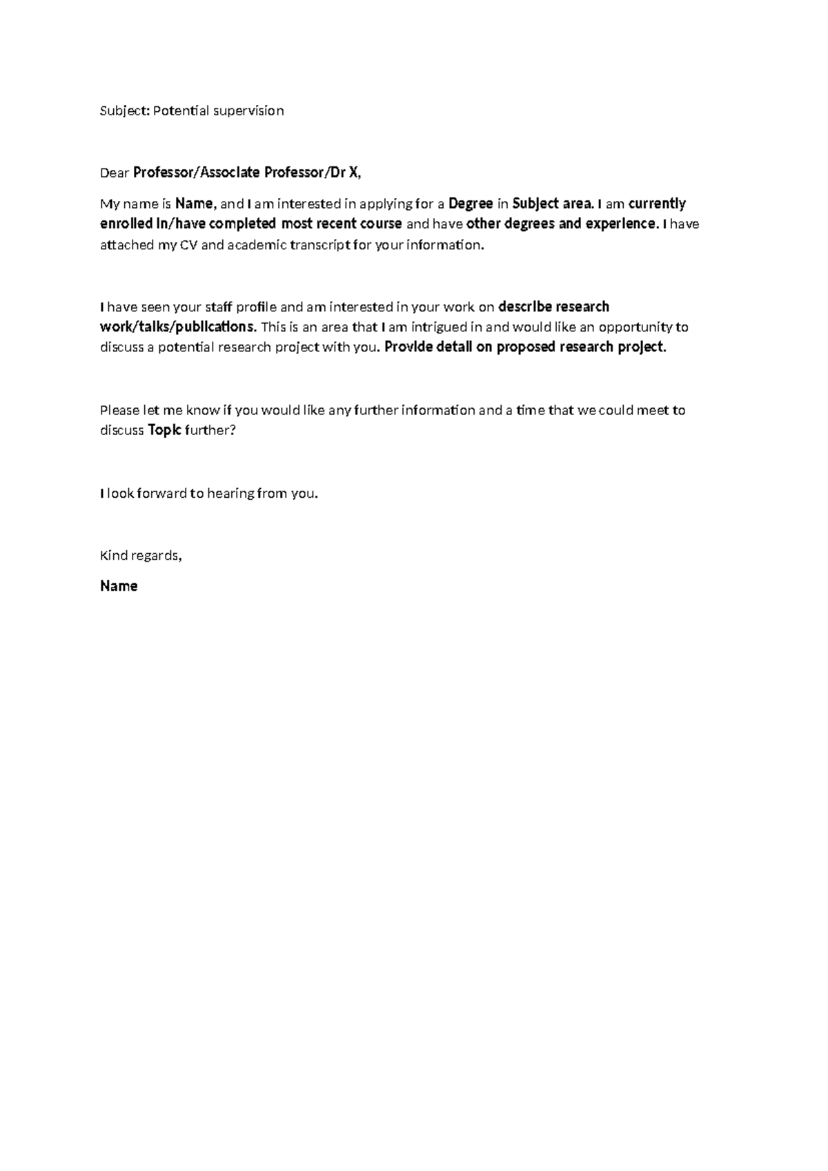 Potential Supervision draft email 1 - Subject: Potential supervision ...