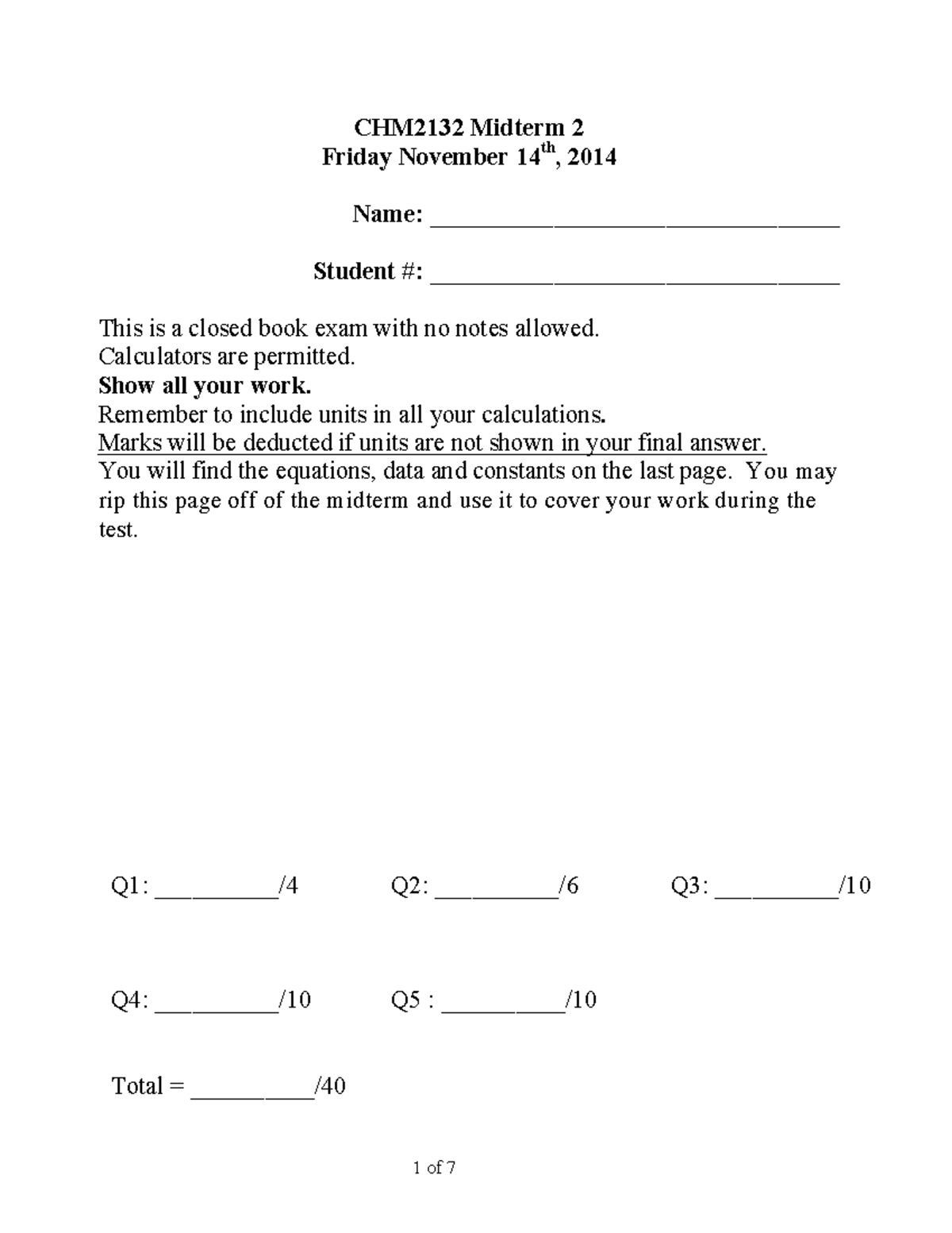 Exam November 2014, Questions And Answers - CHM2132 Midterm 2 Friday ...