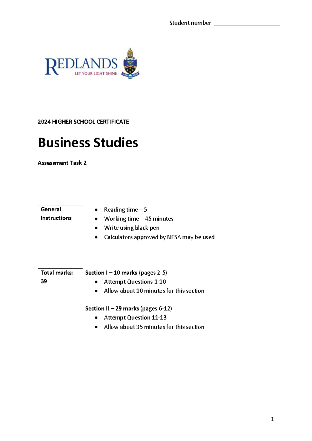 2024 Year 12 HSC Business Studies Finance Assessment Task 2 - Studocu