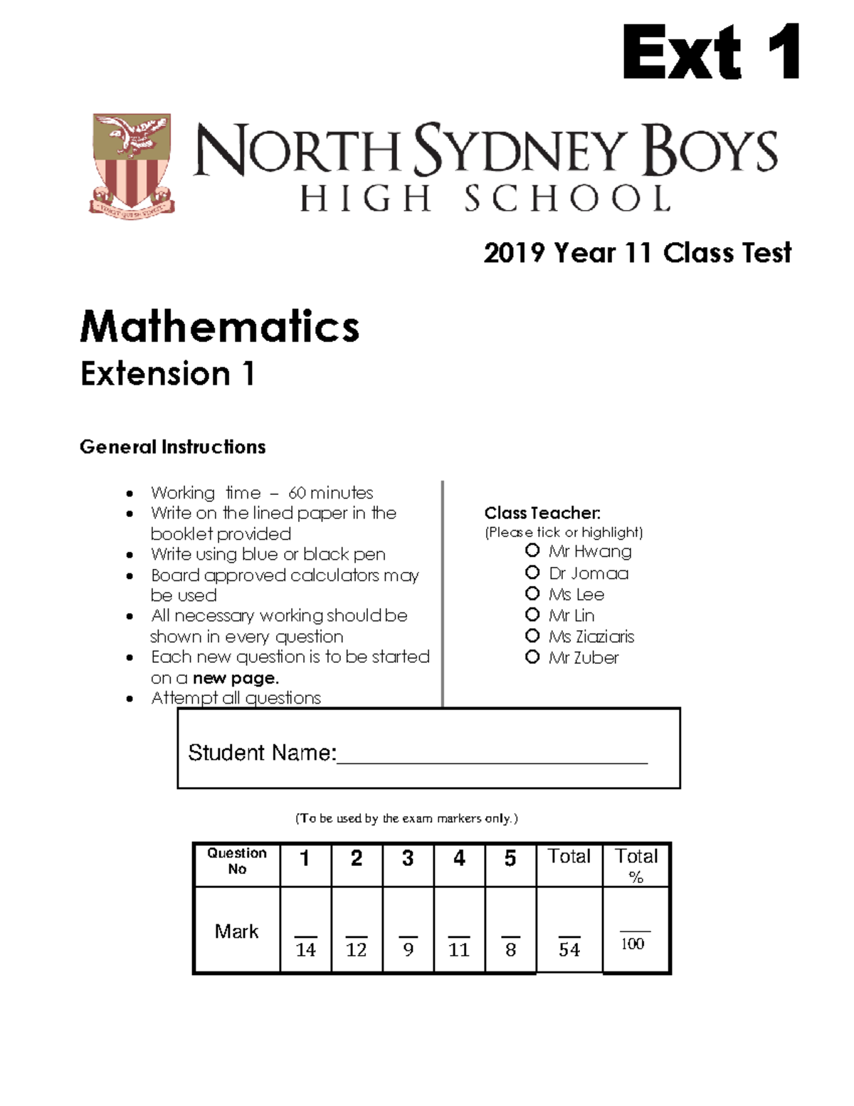 2019 Yr 11 Mathematics Extension 1 Class Test Solutions - Studocu