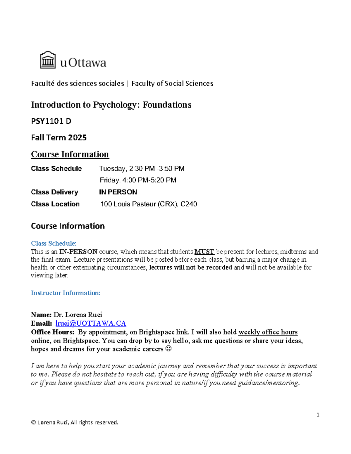 PSY1101 D Fall 2025: Intro to Psychology Course Outline & Schedule ...