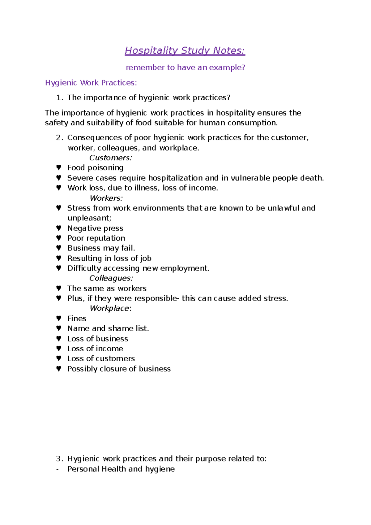 Hygine Study Notes - Hospitality Study Notes: remember to have an ...
