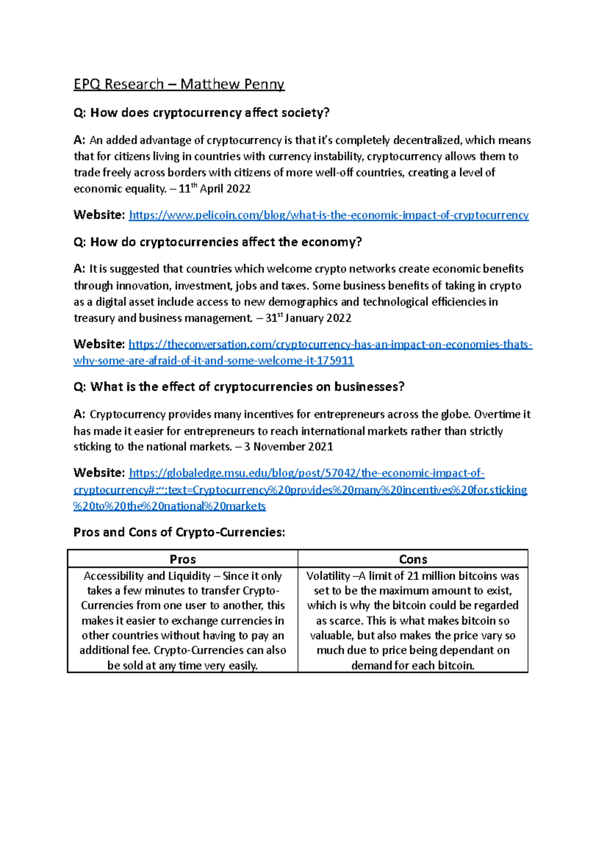 EPQ Research - The Societal and Economic Impact of Cryptocurrency - Studocu