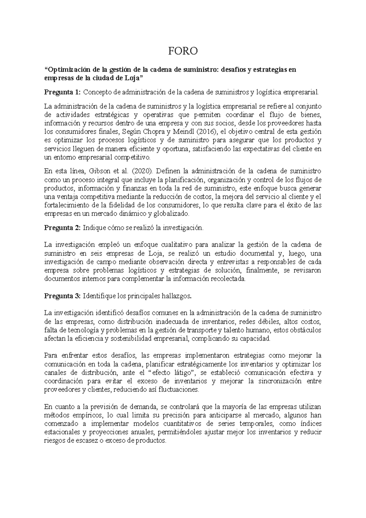 Optimización de la Gestión de la Cadena de Suministro en Loja: FORO1 ...