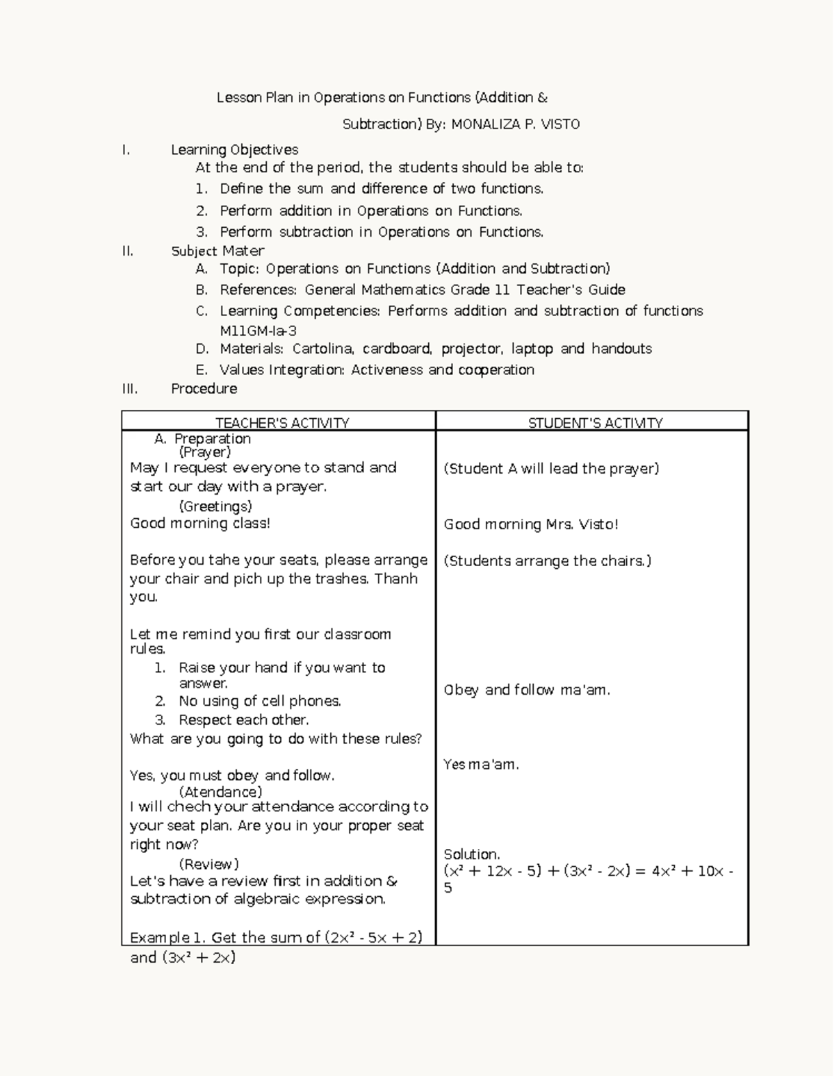 Lesson Plan: Operations on Functions (Addition & Subtraction) - Grade ...