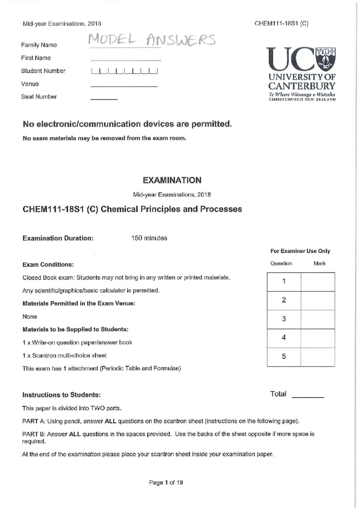 CHEM111 S1 2018 Final Exam Model Answers - Studocu