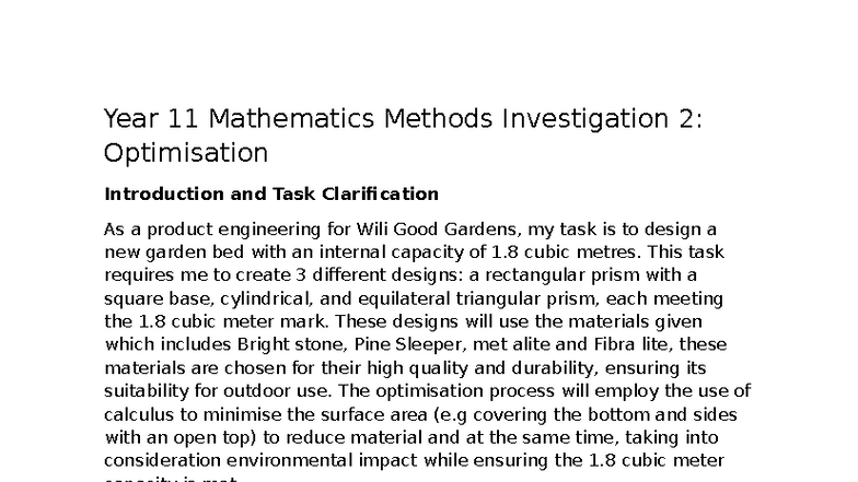 Year 11 Mathematics Methods Investigation 2: Garden Bed Design ...
