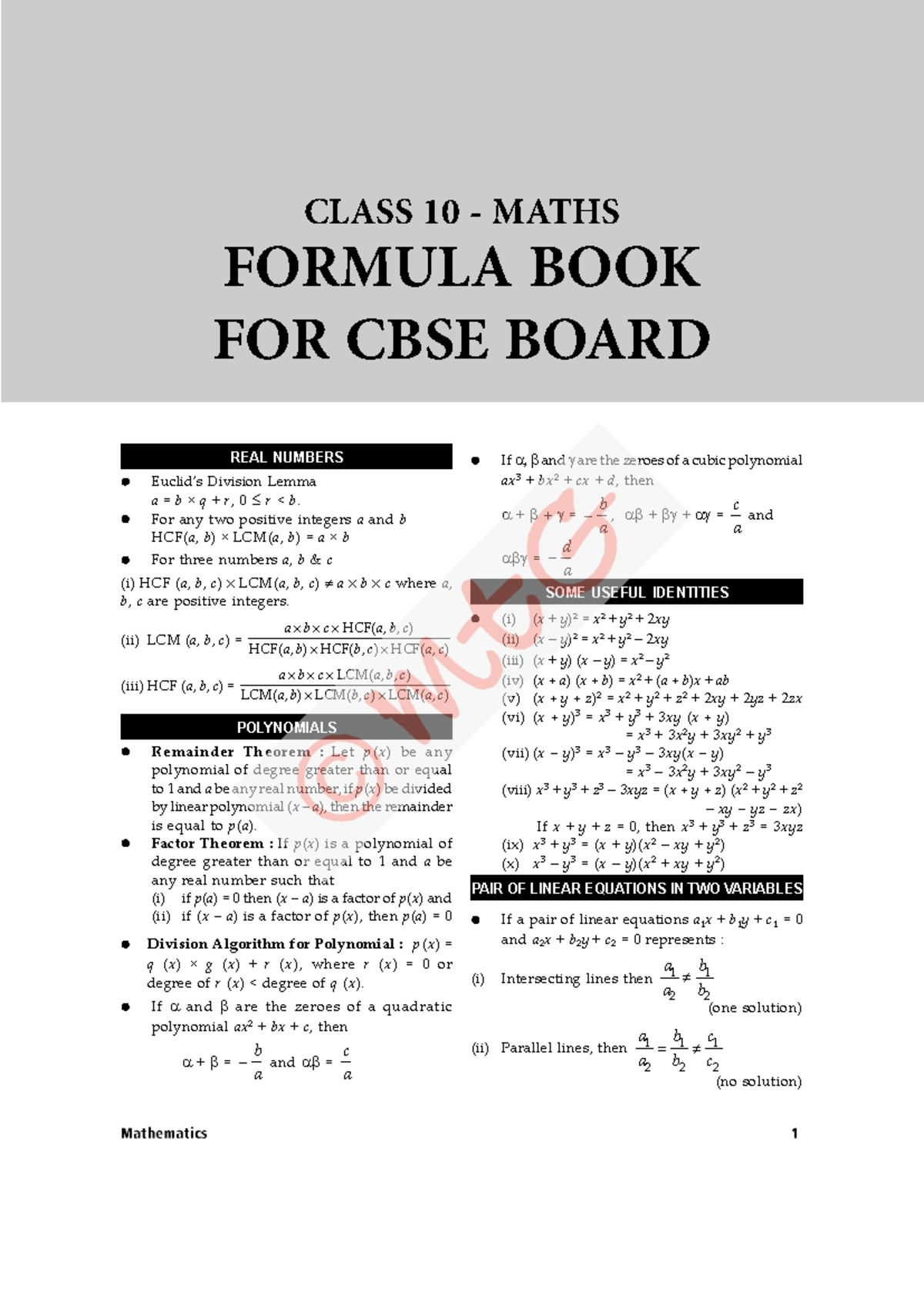 CLASS 10 MATHS FORMULA BOOK FOR CBSE BOARD - REAL NUMBERS & POLYNOMIALS ...
