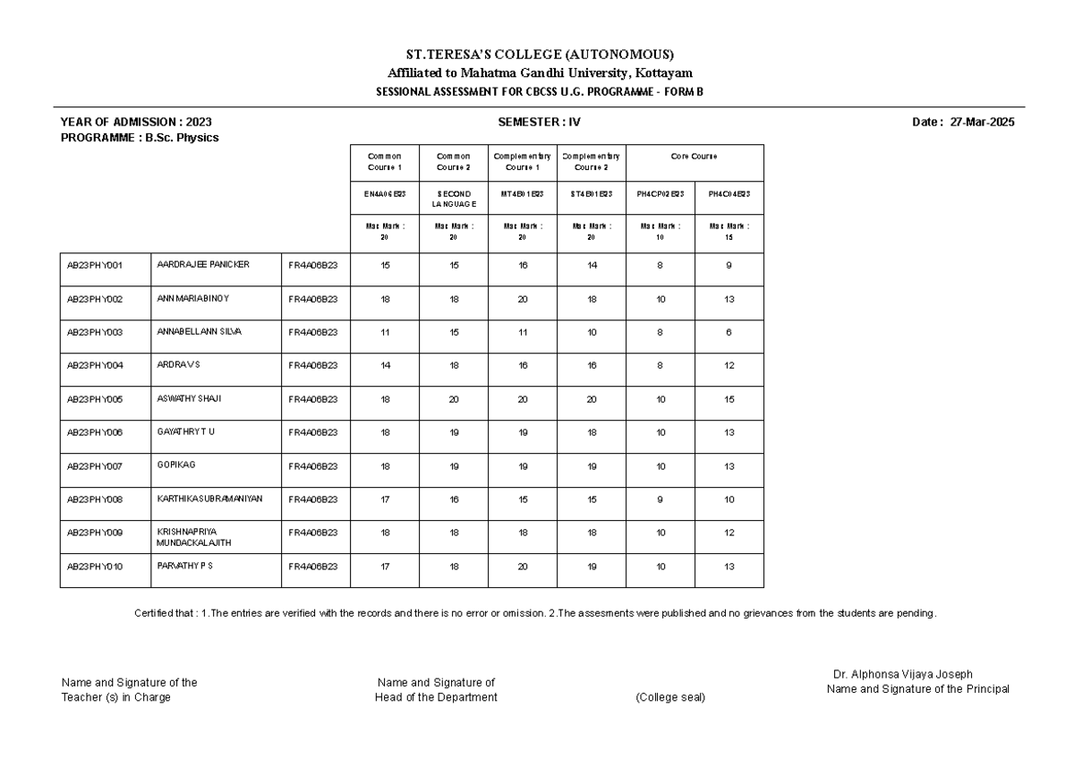 B. Physics Sessional Assessment - CBCSS U. Program Form B - 2023 - Studocu