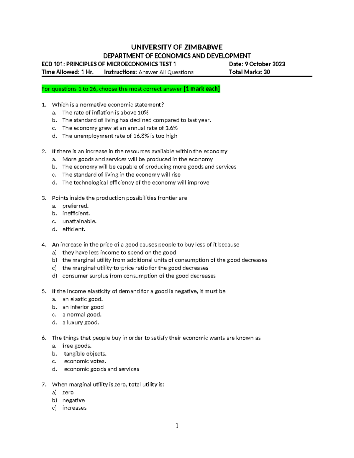 ECD 101: Principles of Microeconomics In-Class Test 1 - 09/10/2023 ...
