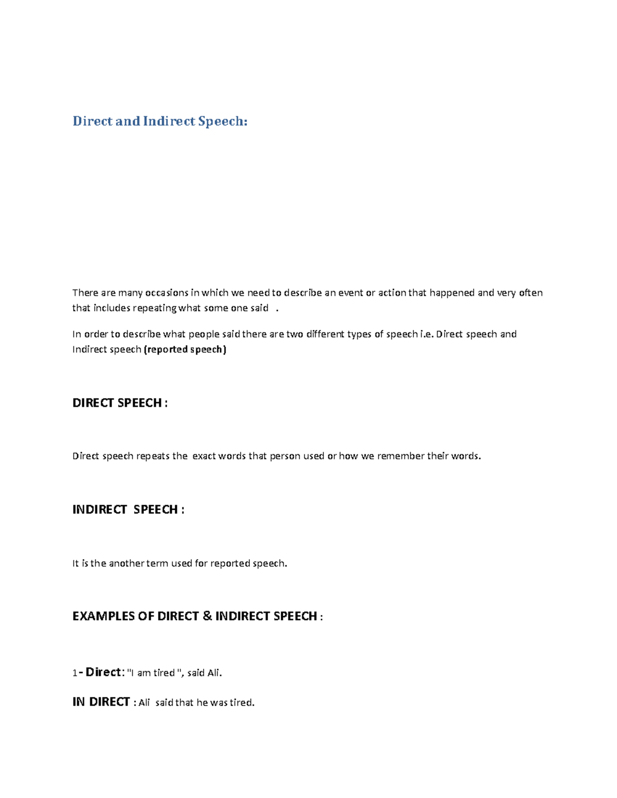 Direct and Indirect Speech: Explanation and Examples for ENG101 - Studocu