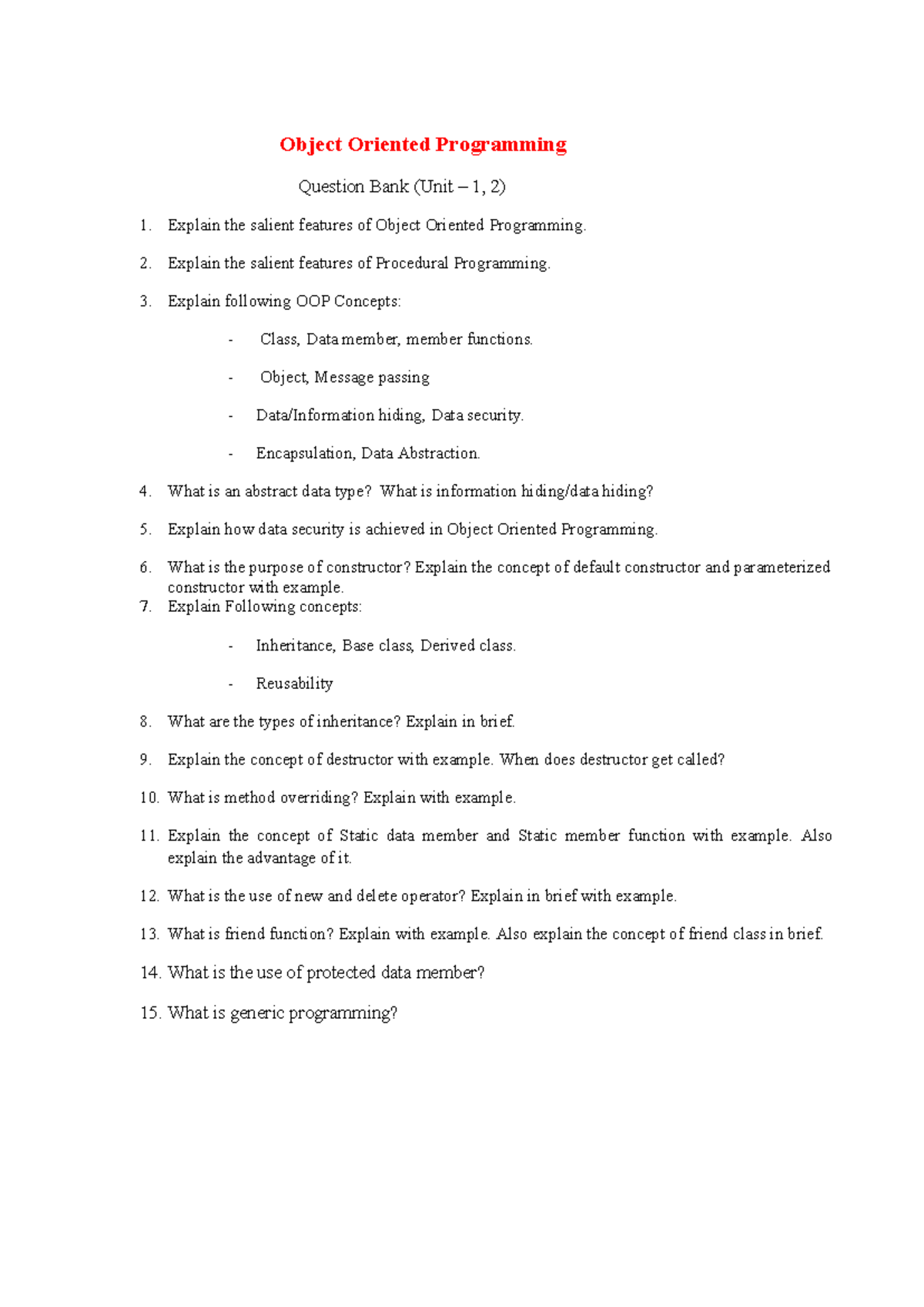 OOP Question Bank Unit 1 and 2 - Object Oriented Programming Question ...