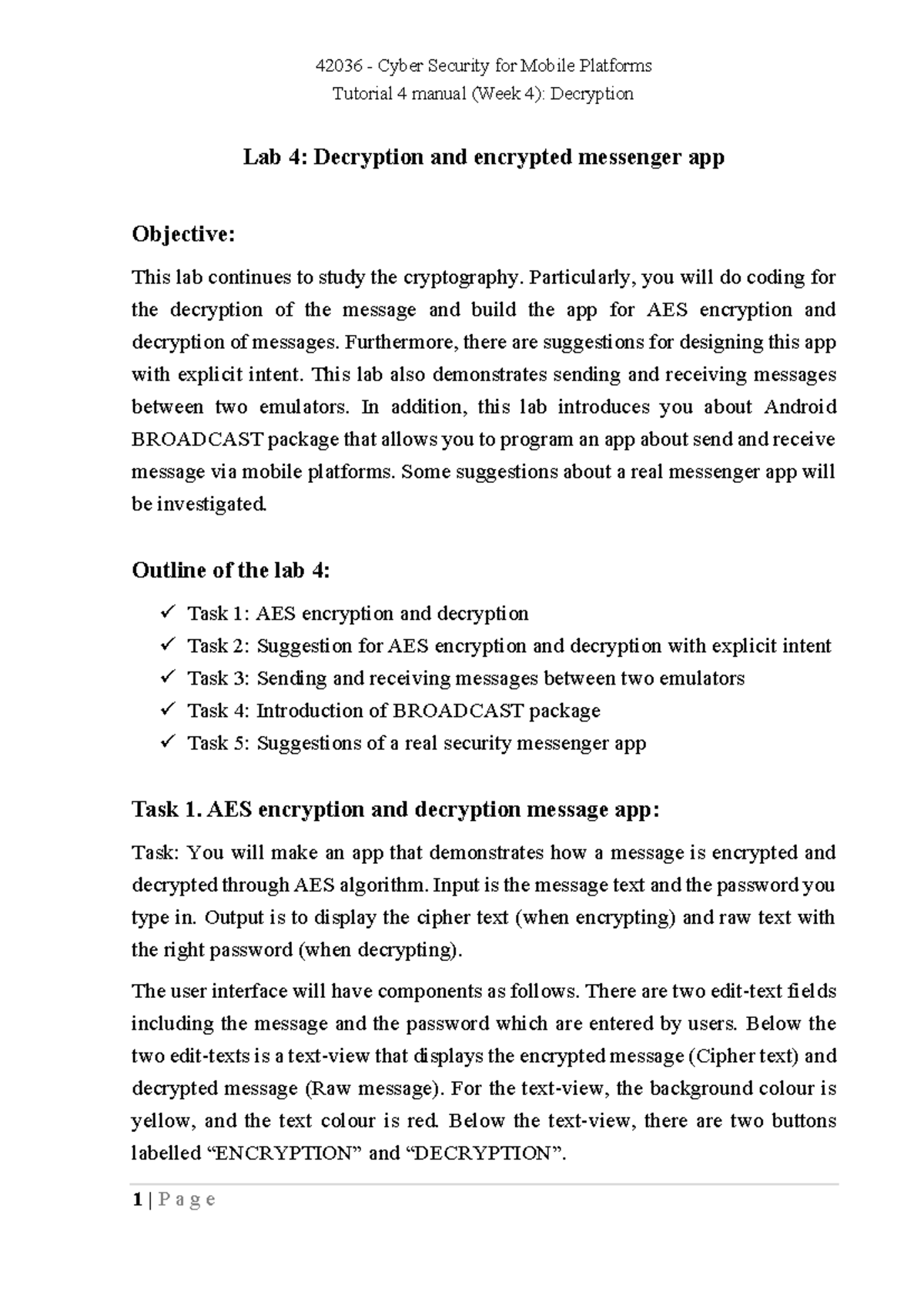 42036 Cyber Security for Mobile Platforms Tutorial 4: Decryption Lab ...
