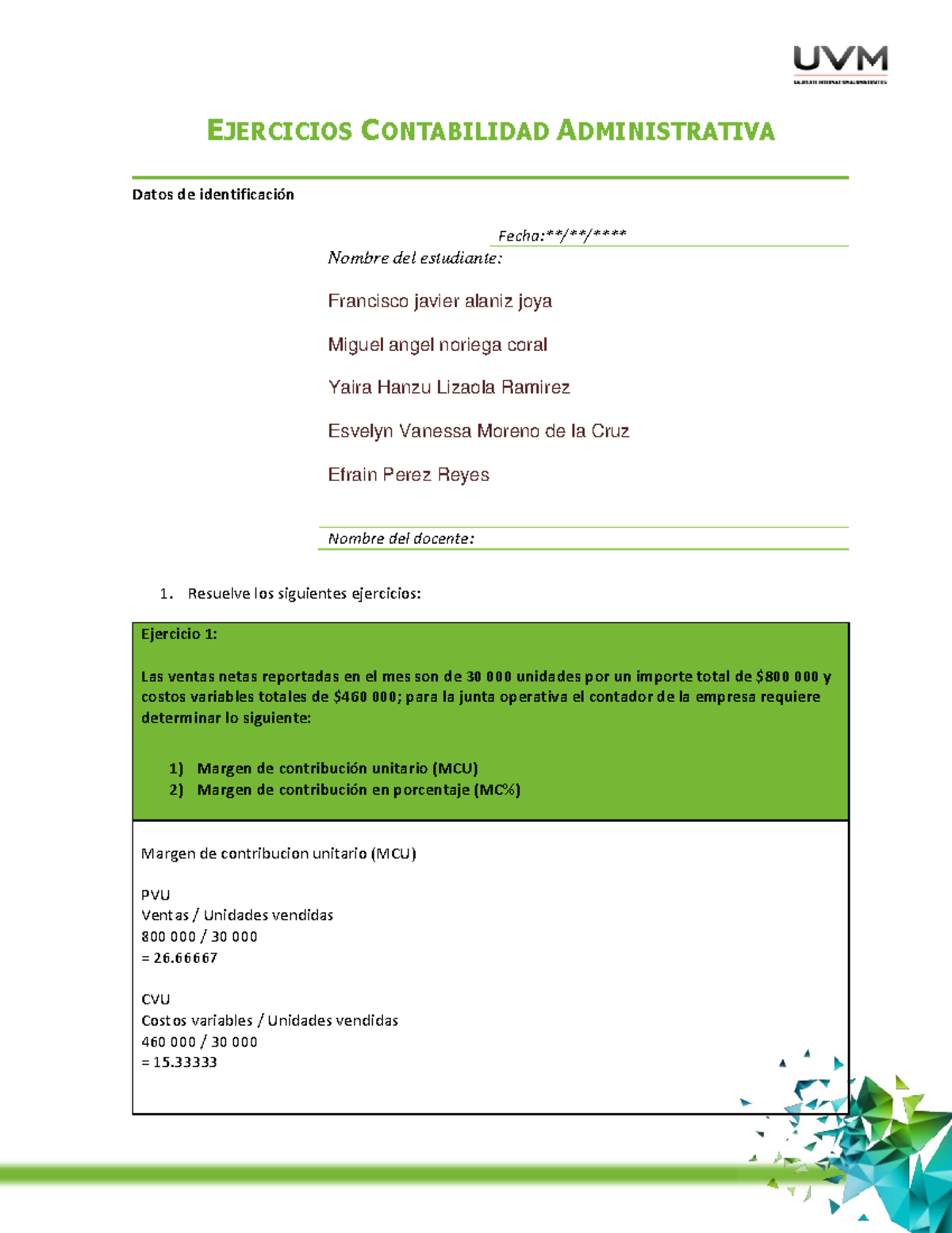 Ejercicios De Contabilidad Administrativa U2 A5 Eqp Studocu