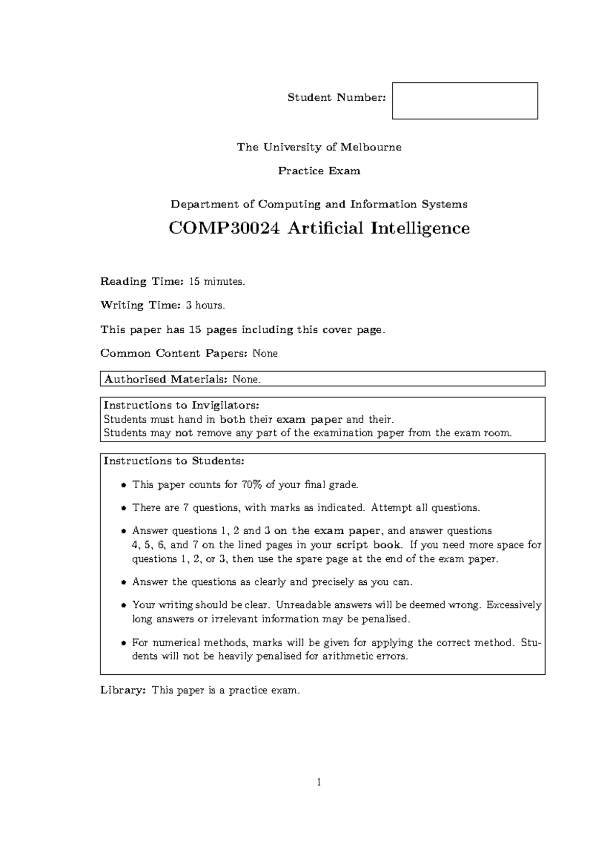 COMP30024 Practice Exam 2023 - Artificial Intelligence - Studocu