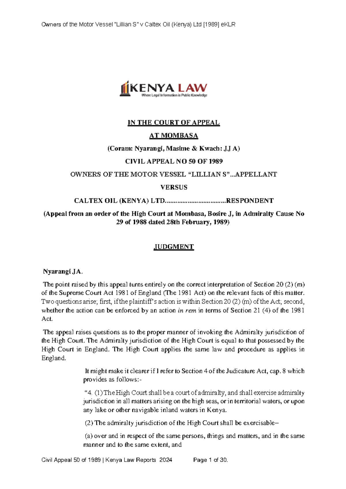 Civil Appeal No. 50 of 1989: Owners of MV 