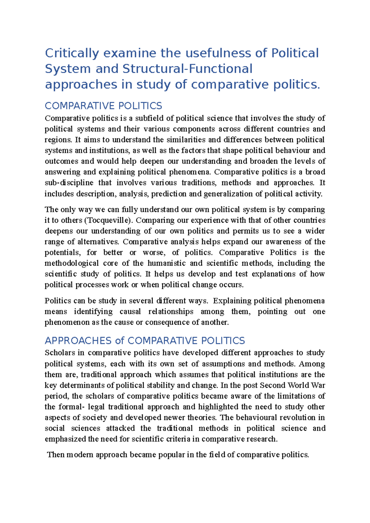 Political System & Structural-Functional Approaches in Comparative ...