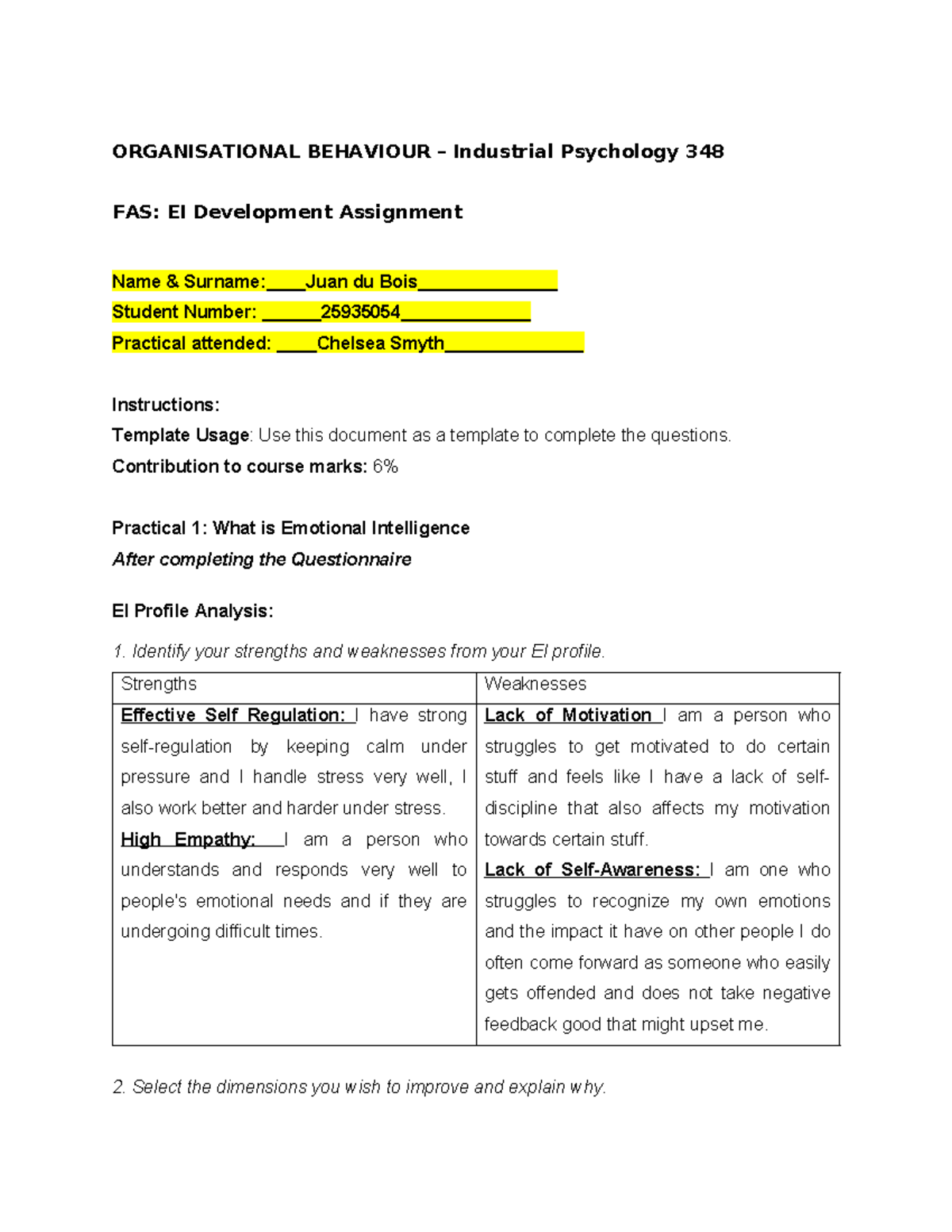 Practical 1 - Emotional Intelligence Profile Analysis for 25935054 ...