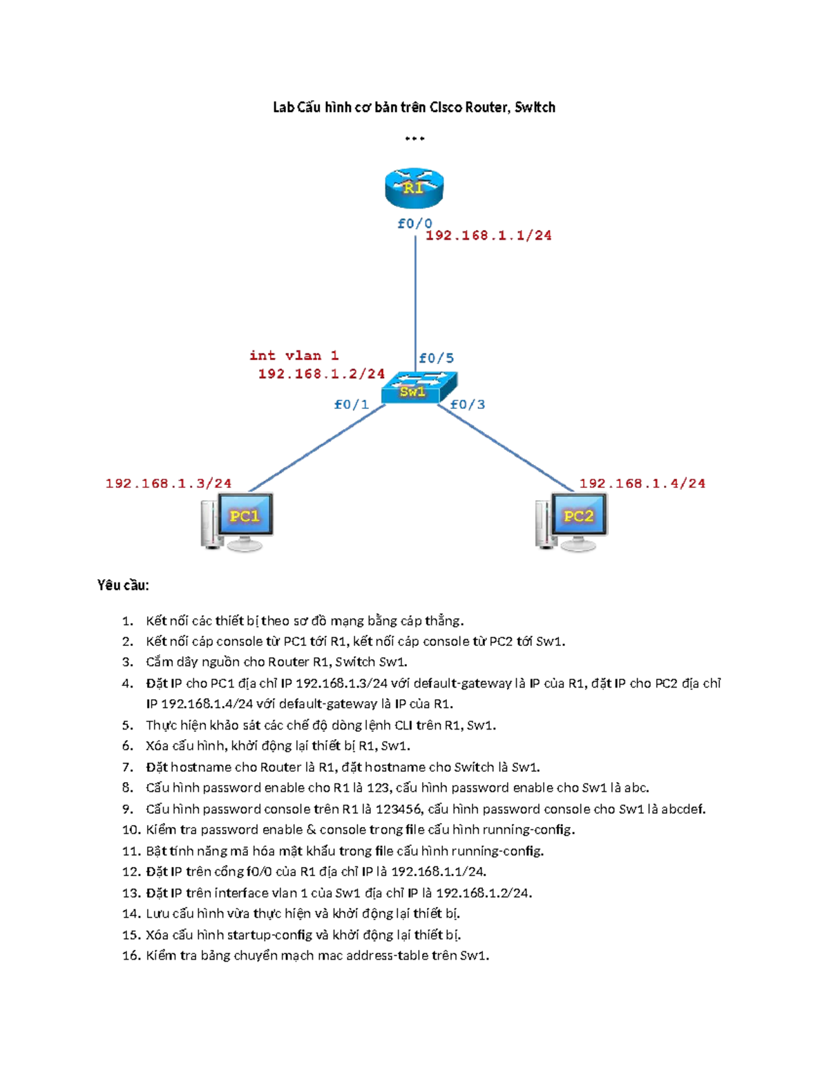 Lab 5 - Cấu hình cơ bản trên Cisco Router, Switch (BQK) - Studocu