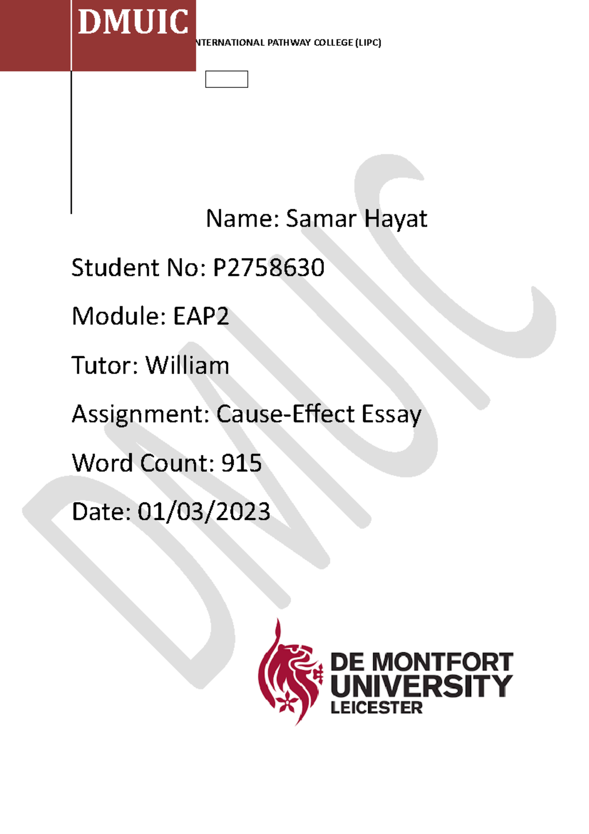 EAP2 Writing Assignment - Cover Sheet and Checklist - LEICESTER ...