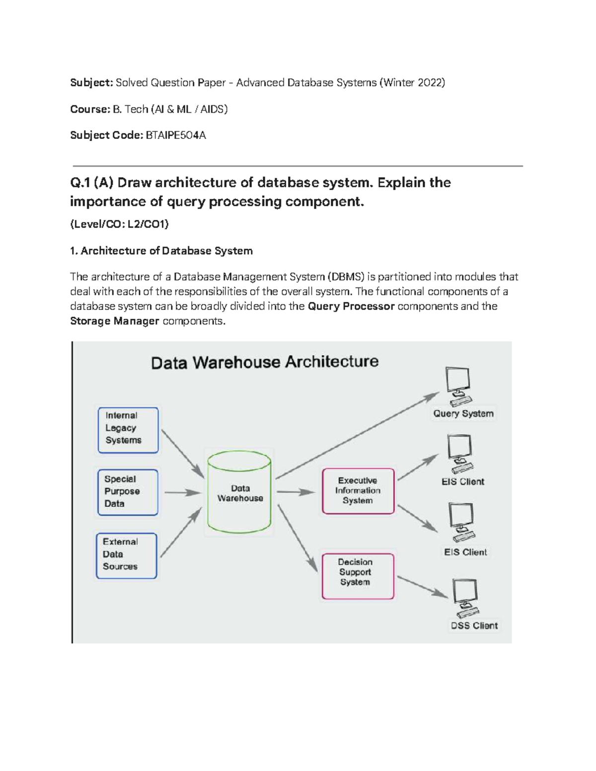 Solved Question Paper: Advanced Database Systems (BTAIPE504A) Winter ...