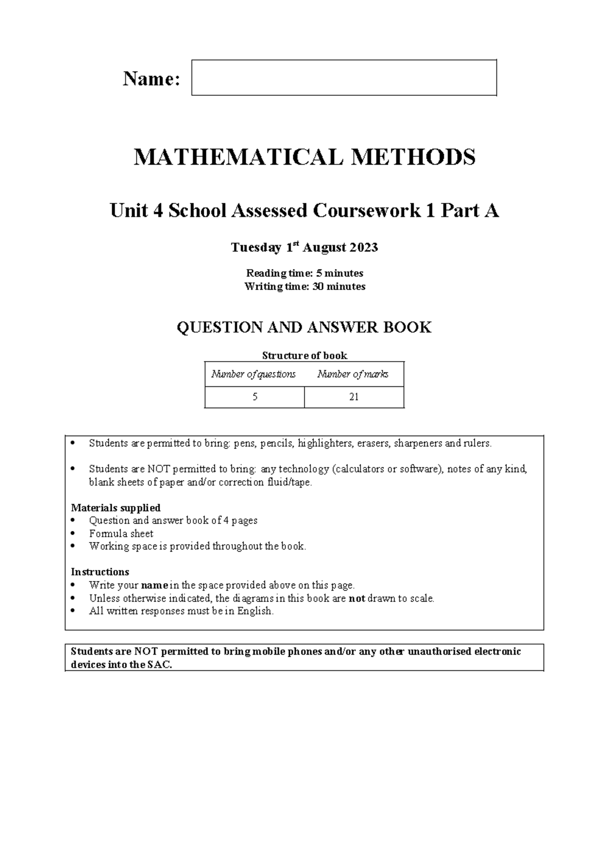 2023 MATHEMATICAL METHODS Unit 4 SAC 1 Part A (Tech Free) - Studocu