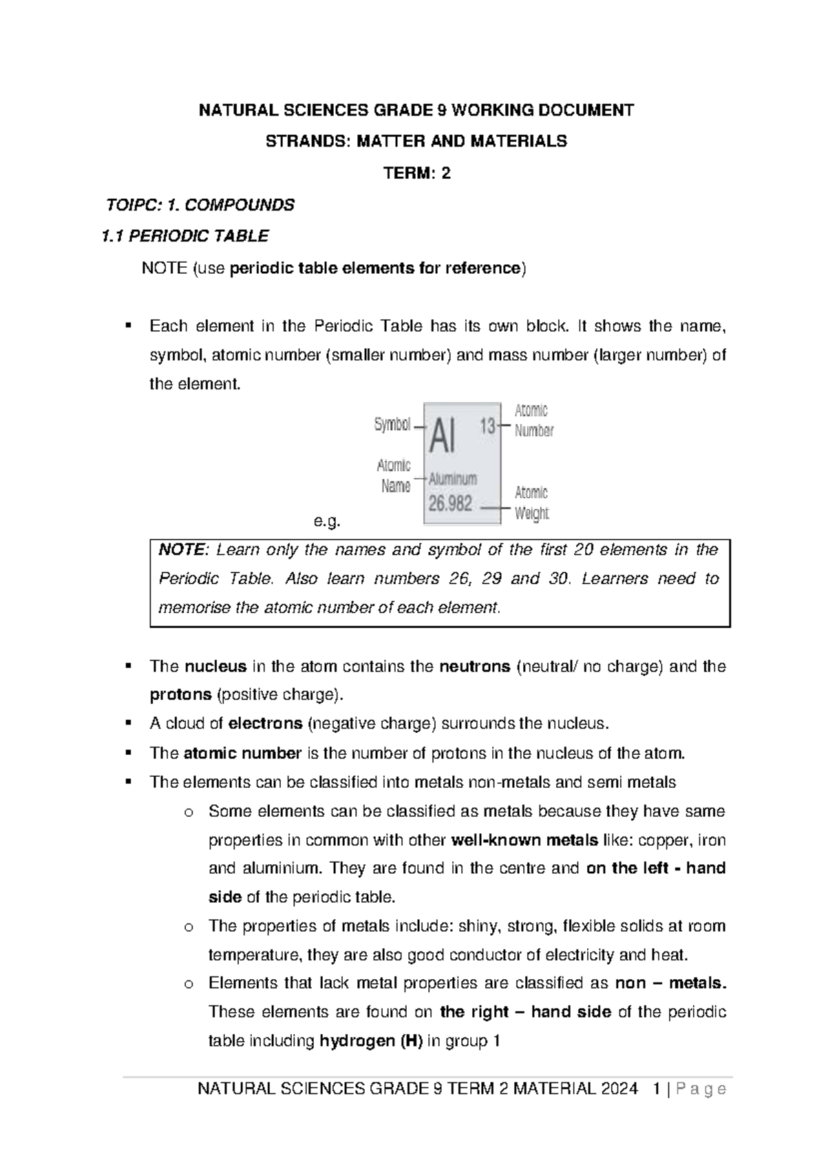 Grade 9 Natural Sciences Term 2 Study Material: Compounds & Reactions ...