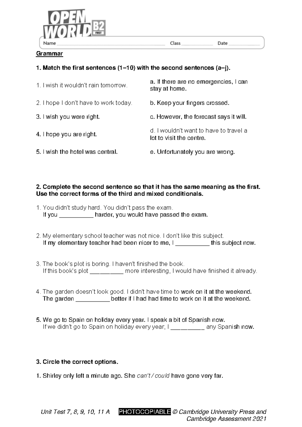 Unit Test 7, 8, 9, 10, 11 A - Grammar and Vocabulary Exercises - Document Preview