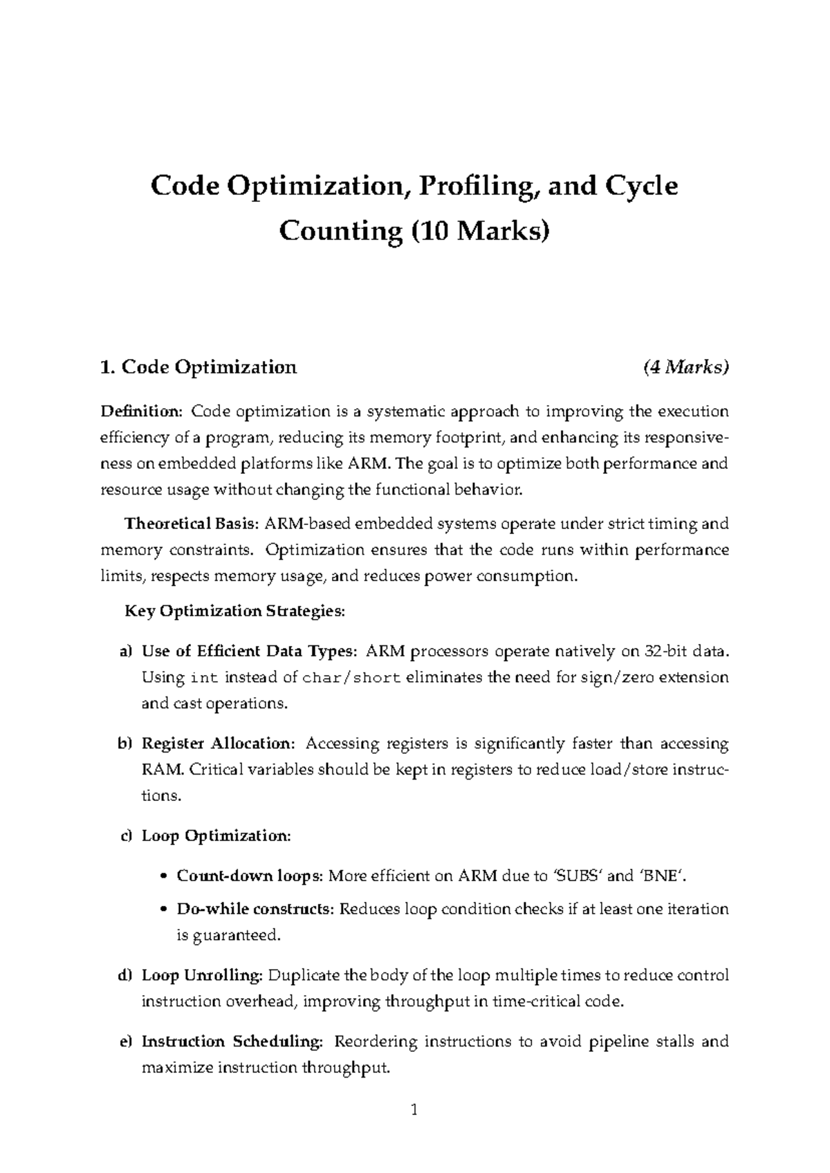 Code Optimization, Profiling, and Cycle Counting (10 Marks) - Studocu