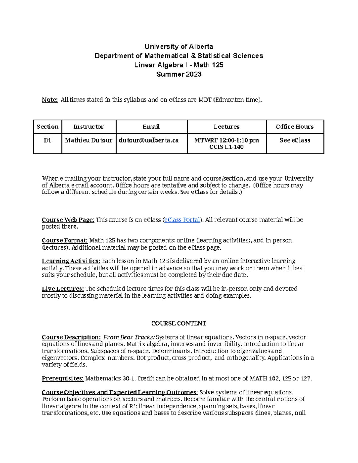 Math 125 Linear Algebra I Syllabus - Summer 2023 - Studocu