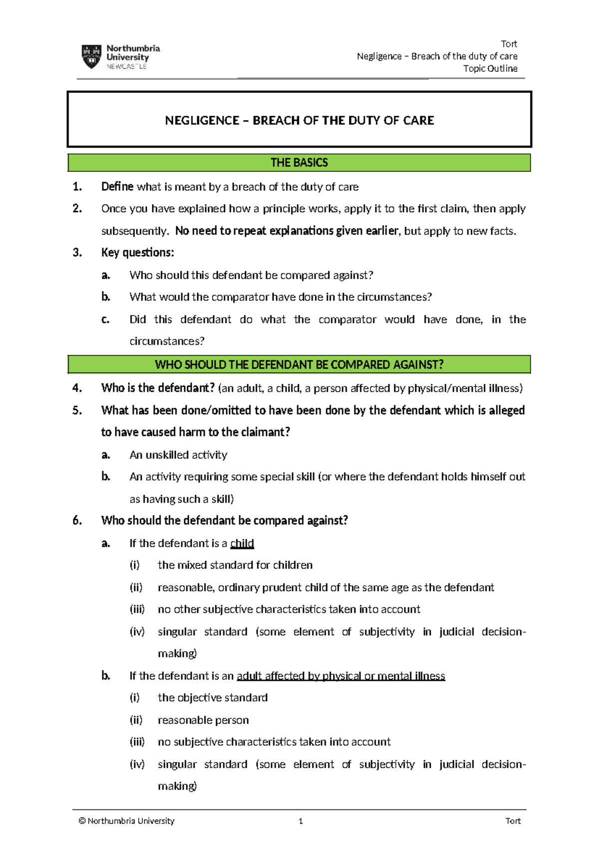 Tort Law (TORT101): Negligence - Breach of Duty of Care Outline - Studocu