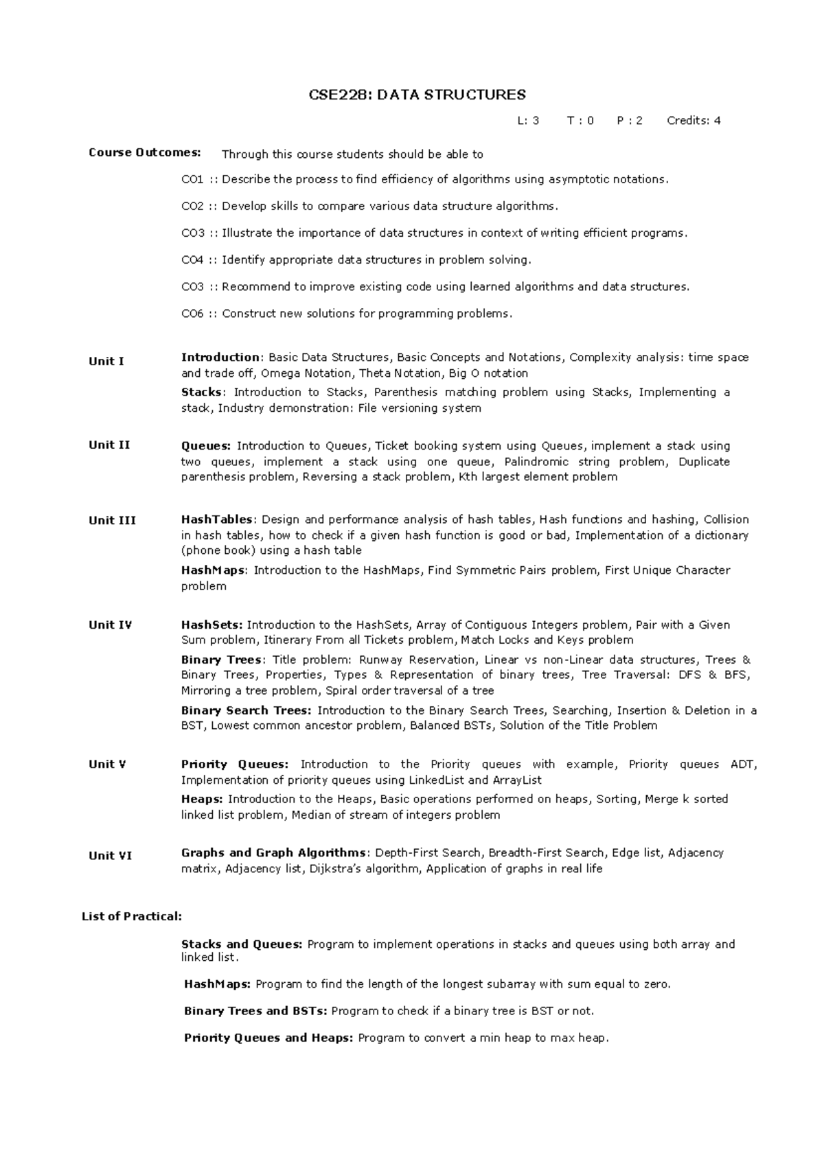 Course Syllabus - CSE228: DATA STRUCTURES L: 3 T : 0 P : 2 Credits: 4 ...