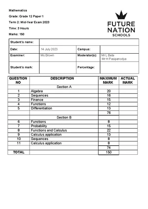 Matric 2023 Grade 12 Mid-Year Exam Paper 1 - Mathematics FNS - Studocu