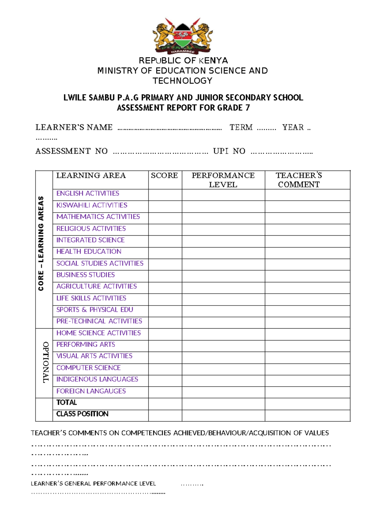 JSS Assessment Report for Grade 7 - Kenya Education System - Studocu