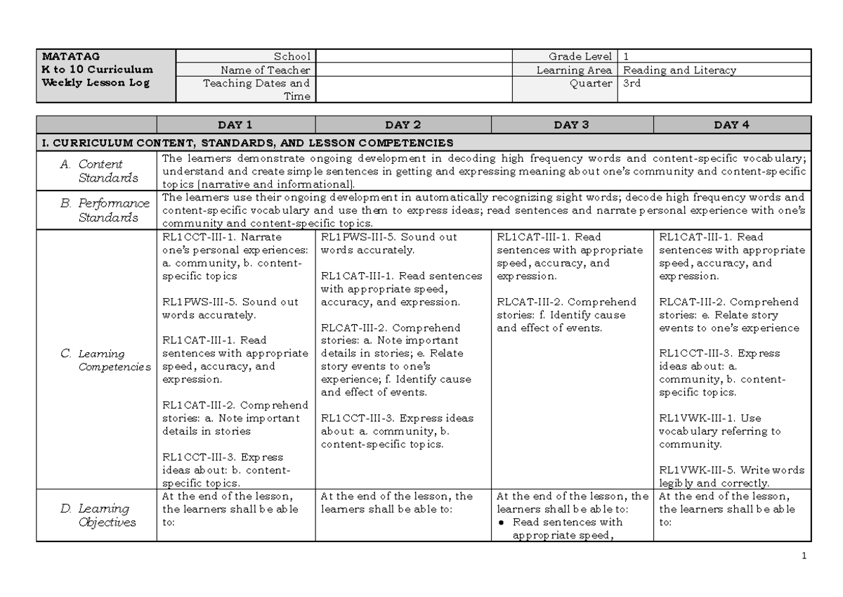 LE Q3 W6 Reading and Literacy Lesson Log for Grade 1 - Studocu