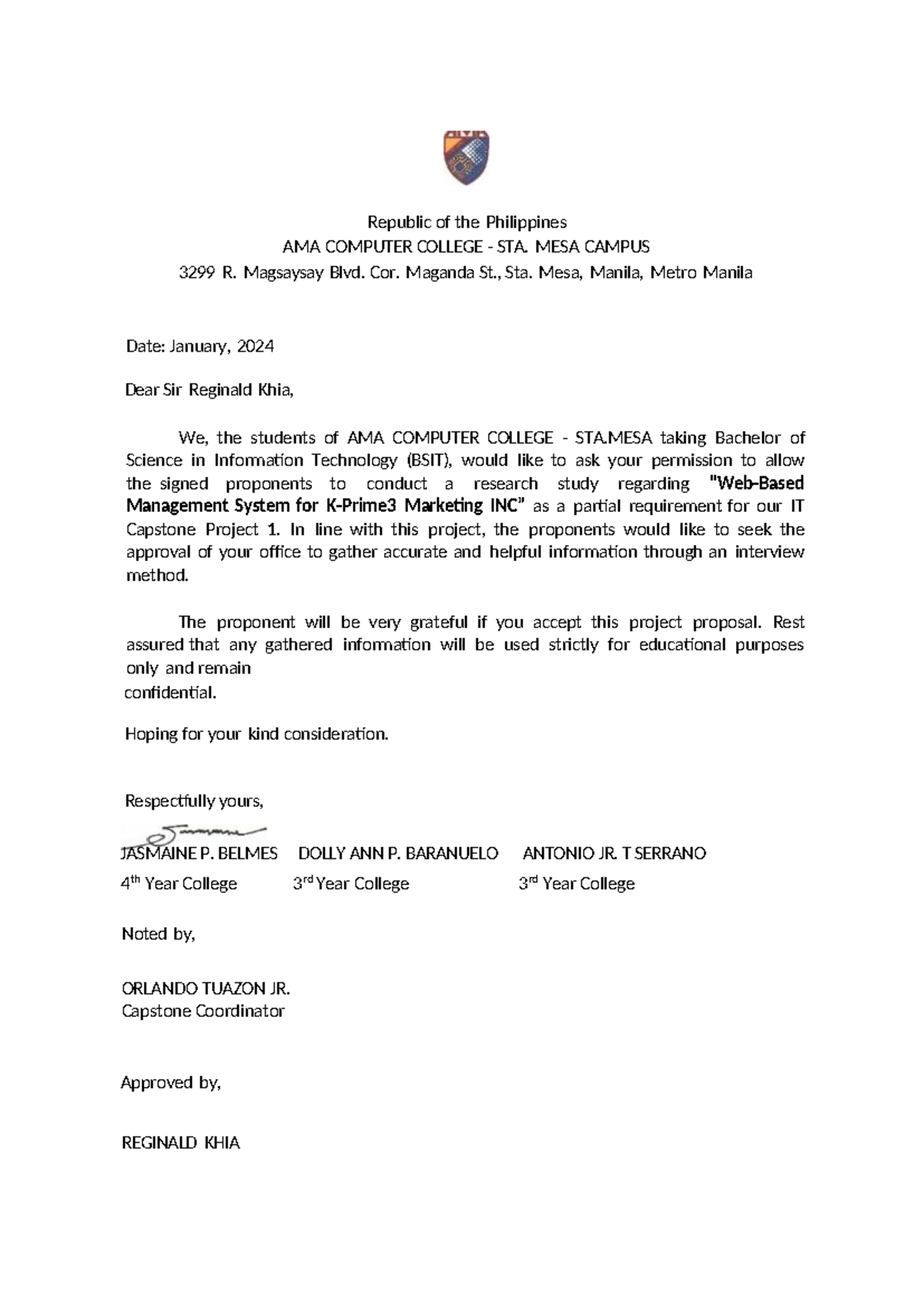 Format of Beneficiary Letter for IT Capstone Project 1 (BSIT) - Studocu