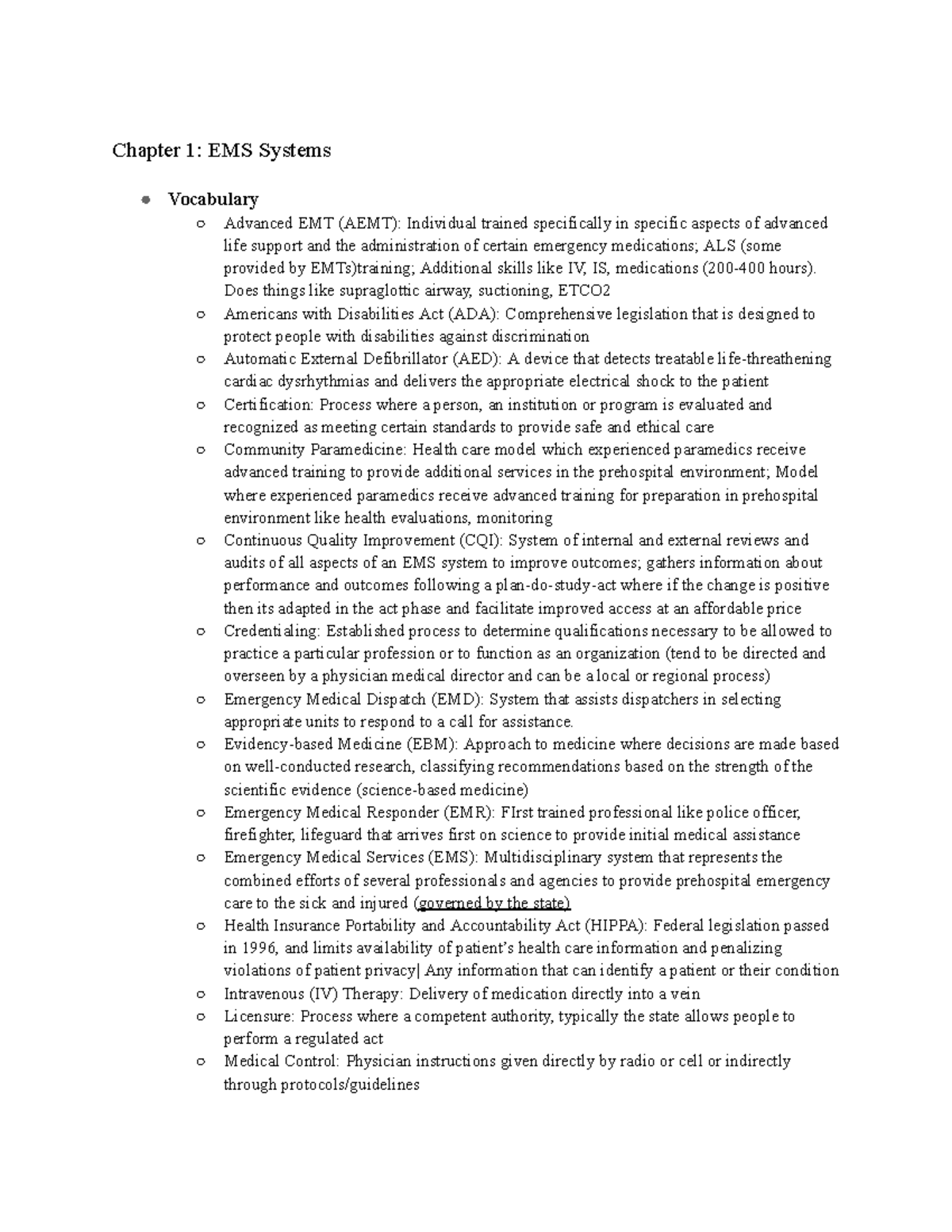 Chapter 1: EMS Systems Vocabulary and Definitions for AEMT - Studocu