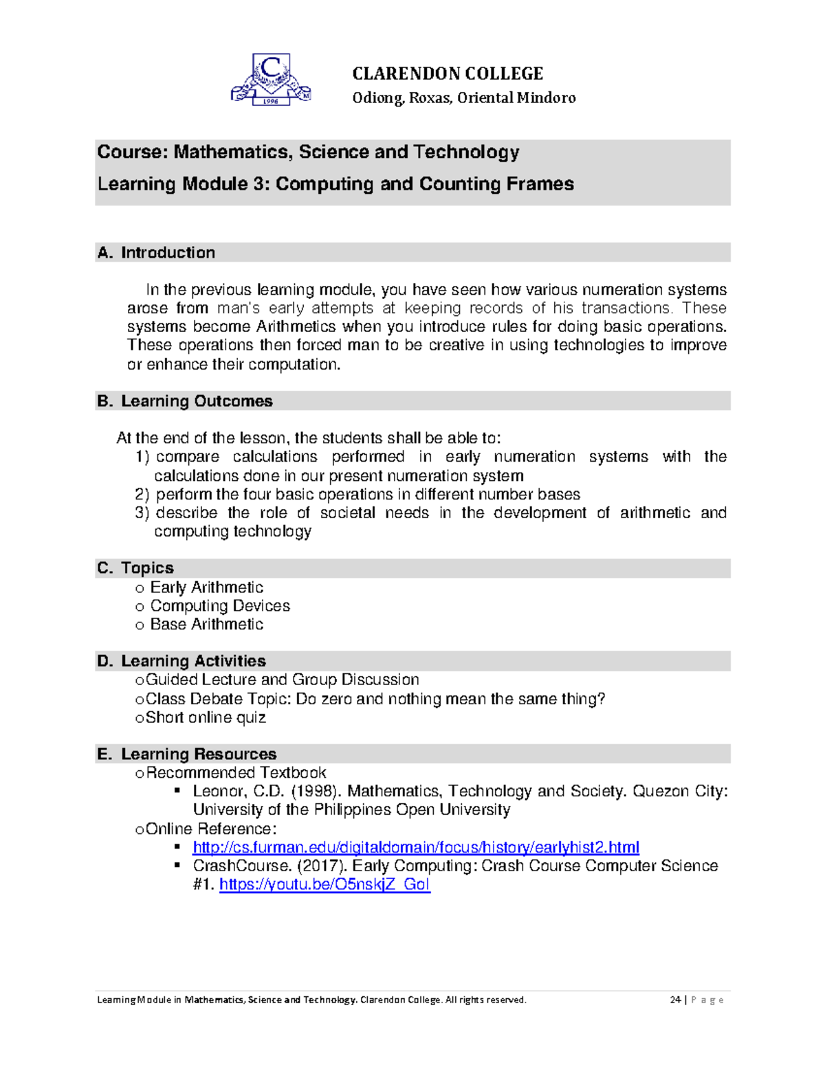 CLARENDON COLLEGE LM3: Computing and Counting Frames in Math & Tech ...
