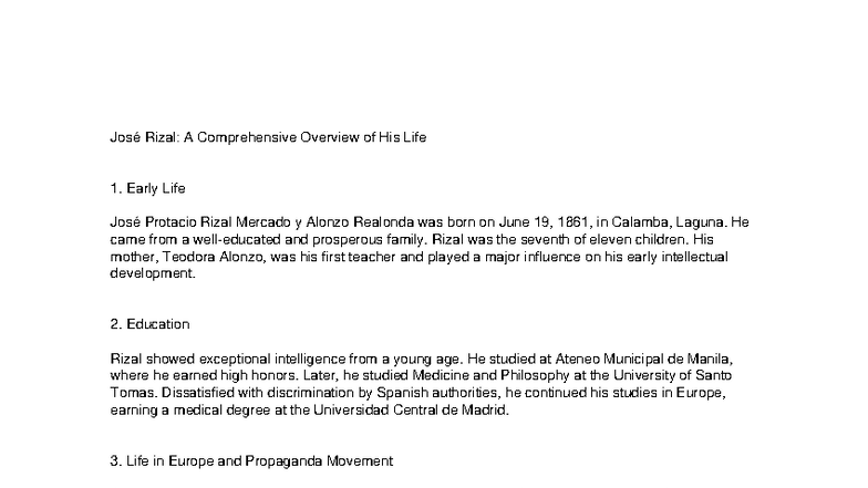 José Rizal: A Comprehensive Overview of His Life and Legacy - Studocu